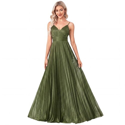 BluePlum Pleated A-Line Formal Dress Women Wedding Guest,Olive Green,S