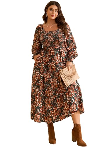 Womens Fall Dress Plus Size Long Sleeve Smocked Boho Floral Maxi Dresses XL