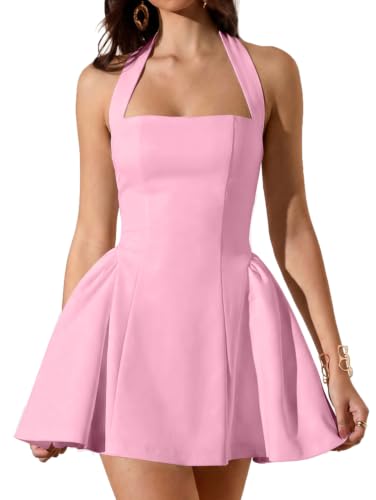 LAGSHIAN Women's Classy Halter Sleeveless Fit and Flare Mini Dress Pink