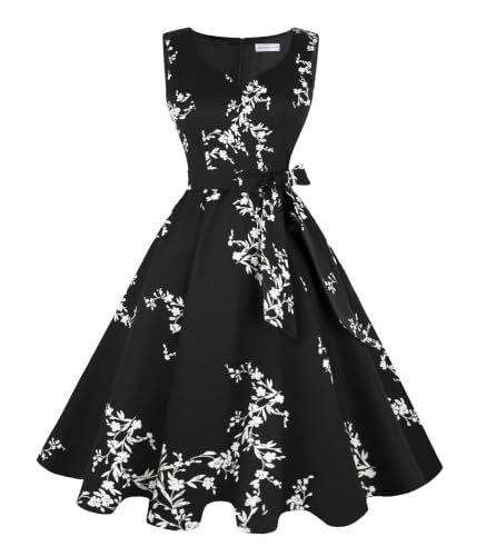 Girstunm 1950s Sleeveless Tea Party Swing Pockets Dress White Flower XL
