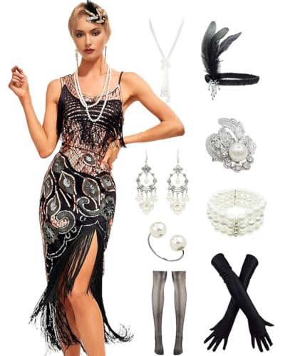 YENMILL Peacock-inspired 1920s Gatsby Beaded Flapper Sling Dress Womens Vintage Cocktail Dress W/Complete Accessories Set (Black Gold, Large)