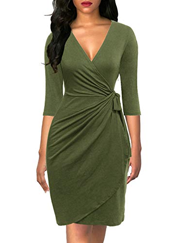 Berydress Women's 3/4 Sleeve V Neck Casual Party Work Faux Midi Wrap Dress