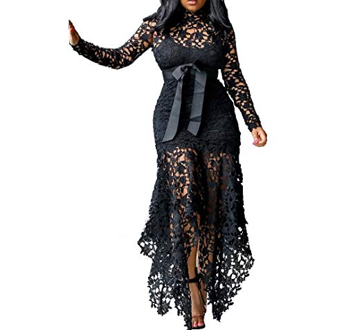 VERWIN Hollow Floor-Length Lace-Up Asymmetrical Women's Maxi Dress Sexy Lace Dress Party Evening Dress Black M