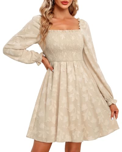Casual Fall Dress Beige Jacquard Floral Long Sleeve Short Dress