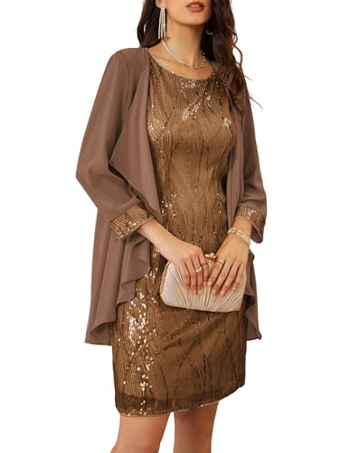 GRACE KARIN Women Sequin Dresses with Shrug Shawl Elegant Wedding Guest Dress Brown L
