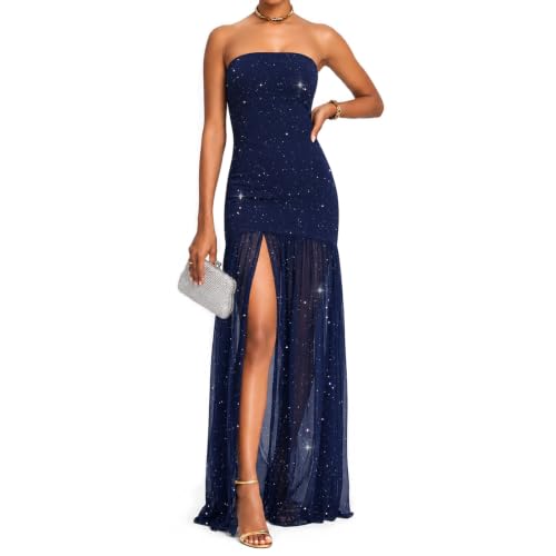 GUCURIN Women Sparkly Maxi Dress Strapless High Slit Mesh Dress Cocktail Party S,Navy