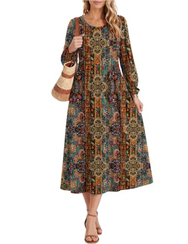 Zeagoo Dresses for Women Fall Midi Dress Casual A Line Dresses 2026 Long Sleeve Tunic Dress with Pockets, Chic Brown Printed XL