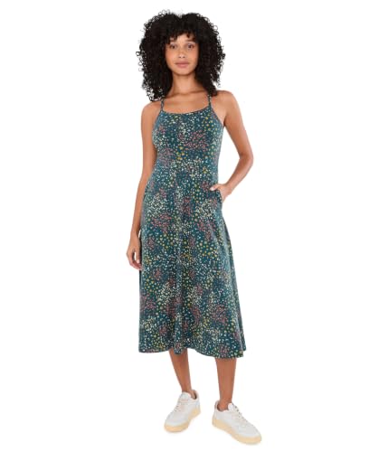 Pact Women's Organic Cotton Fit-and-Flare Midi Dress Deep Aqua Flower Fields Large