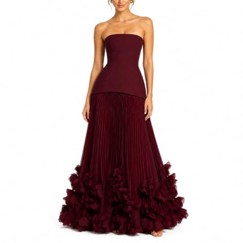 Women's Burgundy Strapless Drop Waist Maxi Dress, Pleated Floral Evening Gown for Prom Wedding Guest Party (US, Alpha, Small, Regular, Regular, Burgundy)