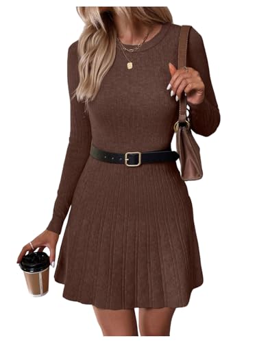 MakeMeChic Women's Sweater Dress Ribbed Knit Aline Flare Short Dresses | Without Belt, Coffee Brown, Small
