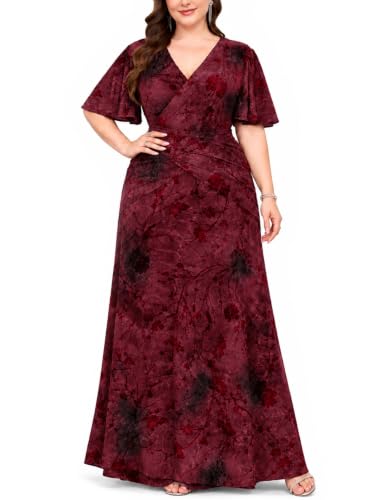 Sassique Plus Size Tie Dye Floral Maxi Dress V Neck Wrap Adjustable Tie Waist Ruffle Sleeve Wedding Guest Evening Gown, Burgundy, 2X