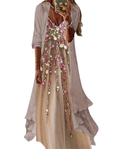 Womens Casual 2 Piece Set Chiffon Boho Floral Maxi Dresses (X-Large,Champagne)
