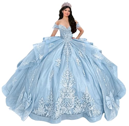 Mauuwy Tassels Quinceanera Dresses Light Blue Beaded Ball Gown Size 6