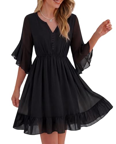 Lotusmile Womens Dressy Chiffon Dress Summer Lightweight Flowy 3/4 Sleeve Ruffle Hem Elastic Waist A-line Elegant Casual Dresses, Black, S