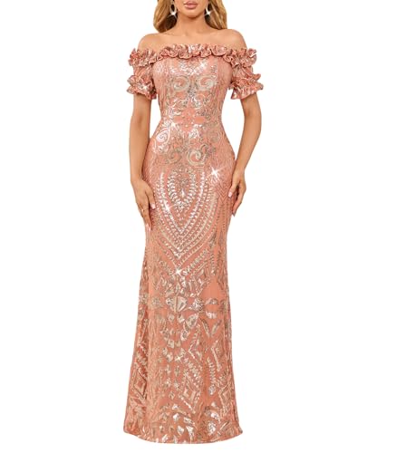 dasmzper Women Sexy Sequin Off Shoulder Ruffle Short Sleeve Bodycon Mermaid Party Formal Evening Maxi Dress
