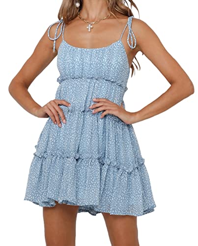 Mansy Womens 2026 Summer Floral Mini Dress Boho Flowy Skater Dresses Short Sleeveless Ruffle Spaghetti Strap Dress