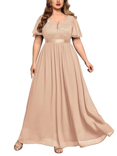 MISSMAY Plus Size Sequin Lace Formal Prom Dress A-Champagne