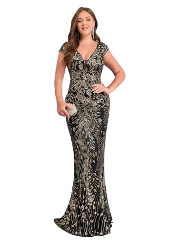 Womens Sequined Long Evening Gown Glamous Sleeveless V-Neck Mermaid Prom Dress for Wedding Party Club Occasions Black Gold XXL