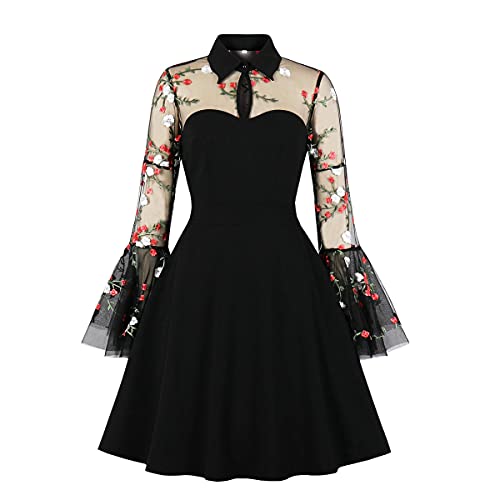 Women Keyhole Front Mesh Fare Sleeve Vintage Cocktail Swing Dress Peter Pan Collar 50s 60s Pleated A-line Rockabilly Prom Dress Wedding Party Short 1950s Retro Floral Casual Midi Dress Embroidered M