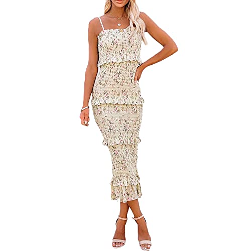 Women's Sexy Shirred Tiered Ruffle Dress Summer Spaghetti Strap Floral Print Bodycon Pencil Maxi Party Club Dresses