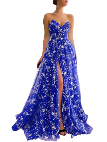 UZN Starry Prom Dress Long for Women Sparkle Tulle Royal Blue with Split V-Neck A-Line Backless with Pockets Formal Evening Party Gowns US8