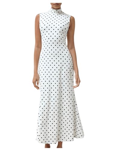 Milumia Women's Polka Dots Maxi Tank Dress Vintage Mock Neck Long Dresses | Elegant, Sleeveless, Workwear, Business Casual, Cocktail, Wedding, Summer Fall, Work Dresses, Black and White, Medium