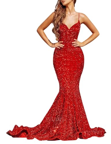 Tvuyet Gitter Red Prom Dresses for Women Mermaid Sequin Backless Evening Gown Long Bodycon Red Prom Dress with Train Red 8