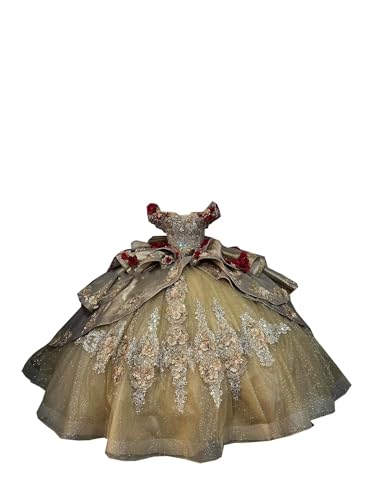 Ball Gown Off Shoulder Mexican Charro Quinceanera Wedding Bridal Formal Sweet 16 Dresses XV Dama Adult Champagne and Red Flower Lace Rhinestone Corset Ruffles Big Bow For Women Girls Teen 6