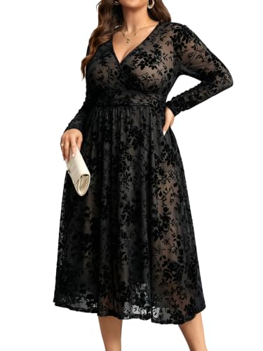 RWJ Plus Size Dresses for Curvy Women Fall Wedding Guest Black Maxi Dress L | Wrap V Neck, Floral Mesh Dress, Elegant Formal Cocktail, Evening Party, Church, Funeral, Bridal Shower, Business Casual Work