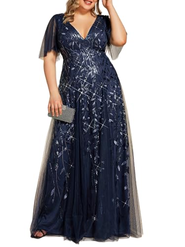 Ever-Pretty Women's Sequin V Neck Plus Size Formal Dresses Evening Gown | Short Sleeve, Plus Size Evening Dresses, A-Line, Plus Size Mother of the Bride Dresses, Navy Blue US24