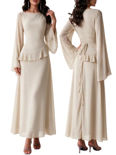 Women Elegant Chiffon Long Sleeve A-Line Corset Dress Beige L | Prom Dresses For Women, Bridesmaid Dresses With Sleeves, Ruffle Waist, Lace Up Back, Fully Lined Chiffon