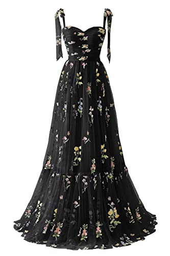 Maxianever Flower Embroidery Tulle Dress Floral Prom Dress Black 12