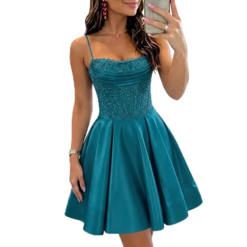BABYONLINE D.R.E.S.S. Satin Sequin Homecoming Dress Spaghetti Straps A Line DAMA Dresses Short HOCO Dresses Teal M