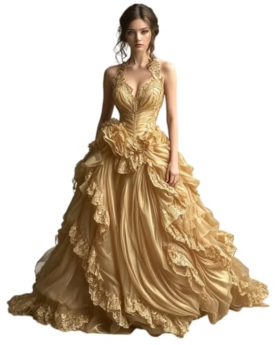 Dydsz Womens Gothic Halter Ruffle Gold Prom Dress Lace Formal Ball Gown 12