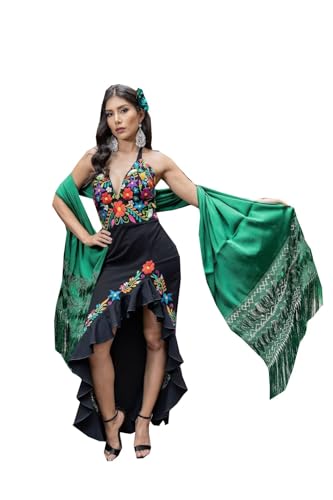 Mexican Flower Embroidery HOCO Prom Queen Formal Quince Wedding Guest Dresses Black Halter Satin Unique Short Front Long Back Hi Lo Designer Trumpet Ruffled Young Adult Women 10