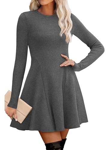 OFEEFAN Dark Grey Dress for Women Casual Long Sleeve Dress Fit and Flare A Line Dresses for Women 2026 S