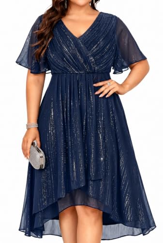 Plus Size Dark Blue Wedding Guest Dress - Formal Short Sleeve Midi Dress