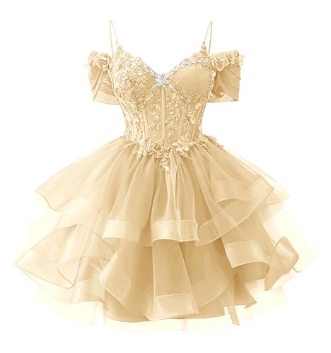 Uryouthstyle Champagne Tiered Tulle Homecoming Dresses Sparkly 3D Floral Beads Rhinestone Lace Applique Cold Shoulder Pleated Short Prom Dress for Teens Quinceanera DAMA Dress US12