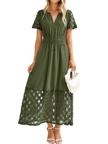 Simplee Womens Summer Boho Maxi Dresses Casual Short Sleeve Western Lace Fall Wedding Guest Dress (Army Green XL)