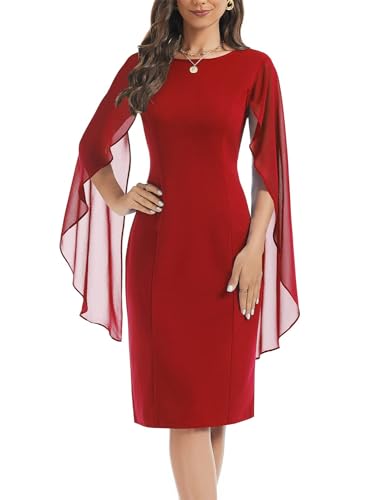 Women's Mini Cape Chiffon Cloak Sleeve Dresses V-Back Knee Length Elegant Bodycon Wedding Guest Evening Party Cocktail Semi-Formal Dress 882 Red M