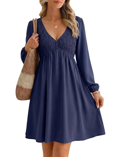 BerryGo Women's Casual Long Sleeve Babydoll Flowy Dress Boho High Waisted Smocked Graduation Vacation Travel Mini Dress(Navy Blue,Medium)