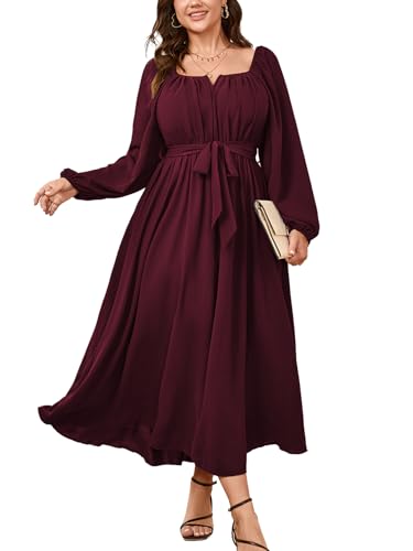 SCOMCHIC Women Plus Size Maxi Dress Long Sleeve Square Neck Flowy Dresses