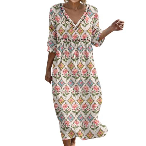 Summer Dresses for Women Boho Print V Neck 3/4 Sleeve Cut Out Midi Dress