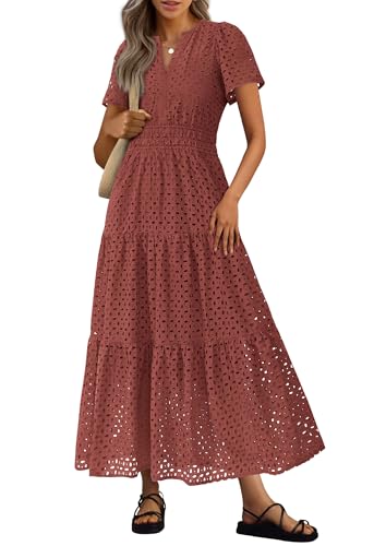 PRETTYGARDEN Women's Summer Hollow Out Eyelet Maxi Dress,Brown Red,L | Boho Dresses, Smocked Waist, Short Sleeve, V Neck, A-Line, Long Flowy Dress, Party Wedding Guest, Beach Vacation Outfits