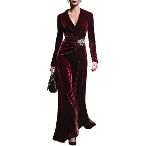 FRQIWLAH Women's Retro Suit Collar, Waistband, Velvet Dress, Elegant Party Dress (Burgundy,Large)
