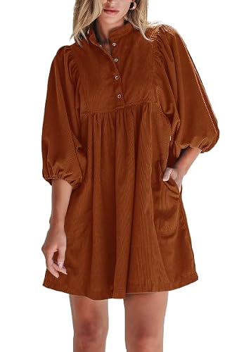 Opemiby Womens Casual Dresses Corduroy Button Up Empire Waist 3/4 Sleeve Fall Winter Mini Babydoll Dress Gold Flame M