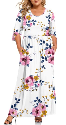 TAOHUADAO Women's Plus Size Maxi Dresses for Curvy Women Summer 3/4 Sleeve Casual Long Dress with Pockets XX-Large, Pink Floral-White