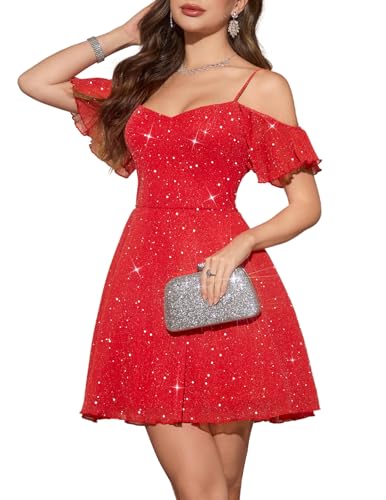 Meetjen Womens Sequin Tulle Short Cocktail Dresses Teens, Red, L