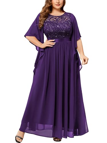 Miusol Plus Size Sequin Lace Cape Sleeve Formal Evening Gown Maxi Dress | Flattering Chiffon Dress with Soft Lining & Stretch Lace Bodice, Curvy Women, Mother of the Bride, Wedding Guest,Prom
