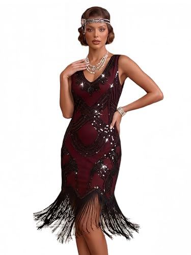 Women's 1920s Gatsby Dress V Neck Sequin Beads Cocktail Dress (M,BurgundyBlack)